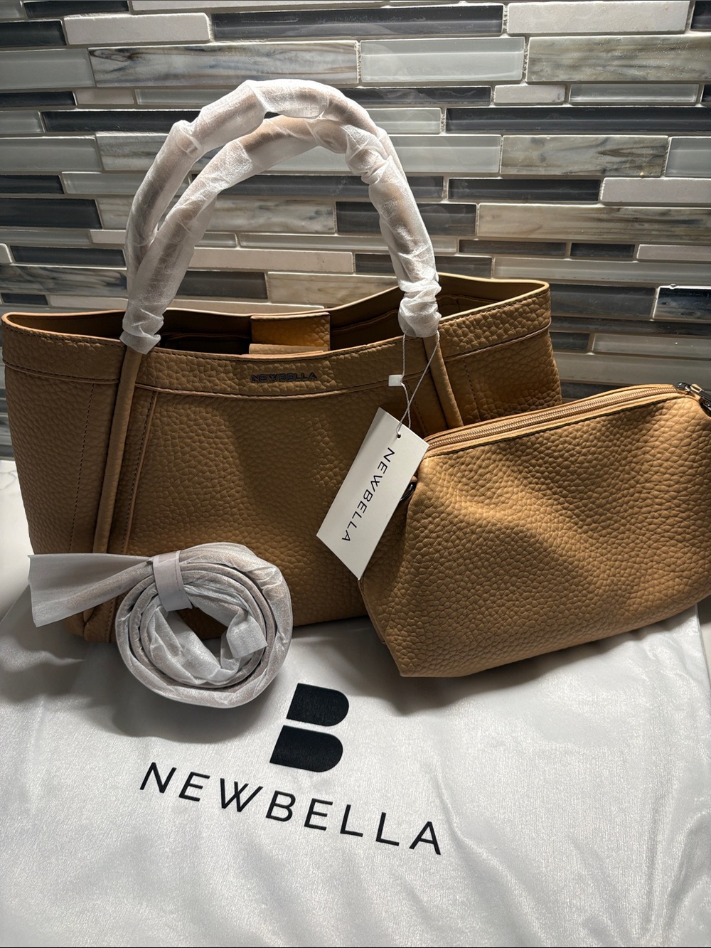 Newbella Tan Textured Pebbled Leather Tote with Detachable Pouch